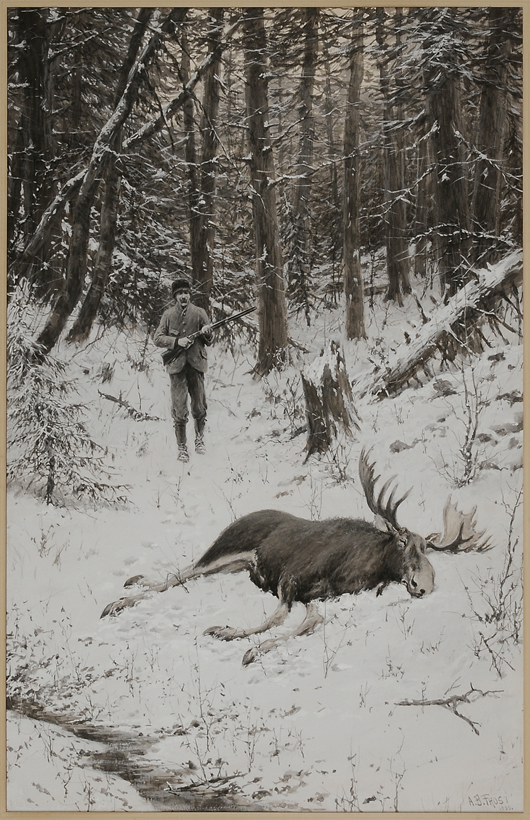 At 30 x 20 inches, A.B. Frost’s The Bull Moose is one of the largest paintings in the sale. The noted illustrator and sportsman signed and dated (1899) his painting that is now estimated at $12,000/$18,000. Image courtesy Brunk Auctions.